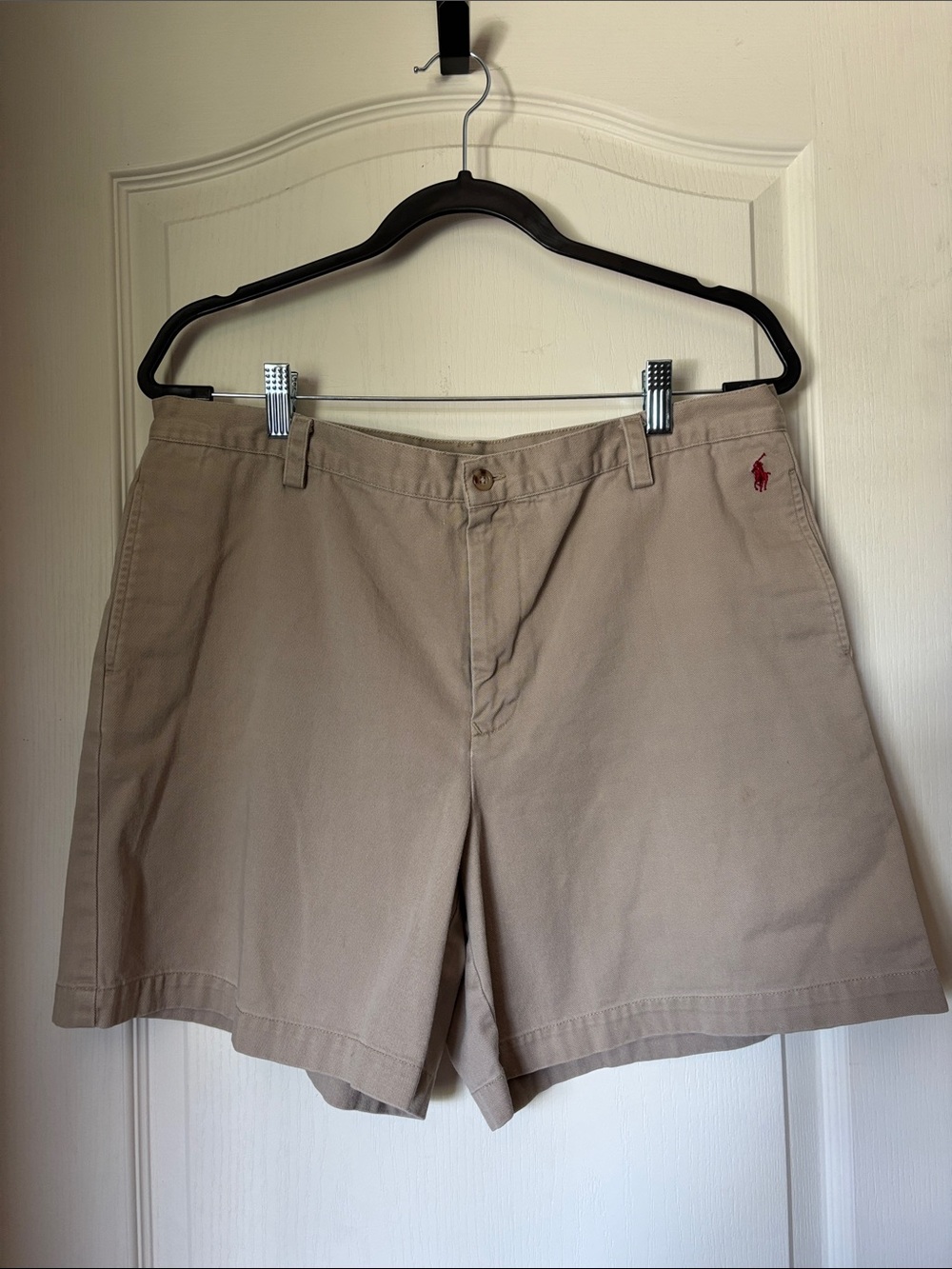 Polo by Ralph Lauren Khaki Flat-Front Cotton Shorts with Red Pony